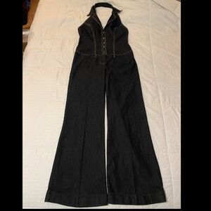 Bisou Bisou Women's Size Large Sleeveless Dark Wash Denim Jumpsuit Wide Leg EUC